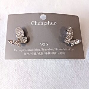 Chenghshuo Butterfly Stud Earrings 925 Silver Tone Sparkling Crystal Clear Stone